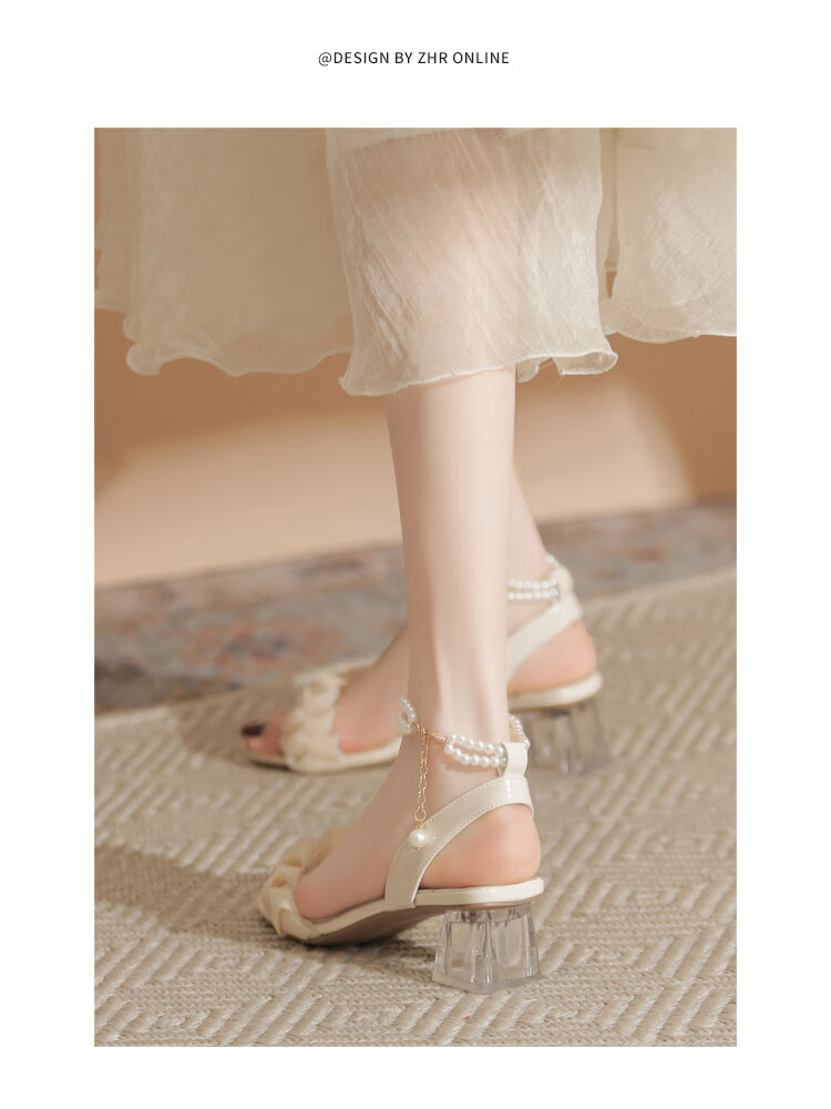 ZHR Women's Sandals with Chunky Heel, Comfortable And Stylish Women's Shoes, Elegant Pearl Chain Slimming Shoes for Women JF28 Beige 36 10