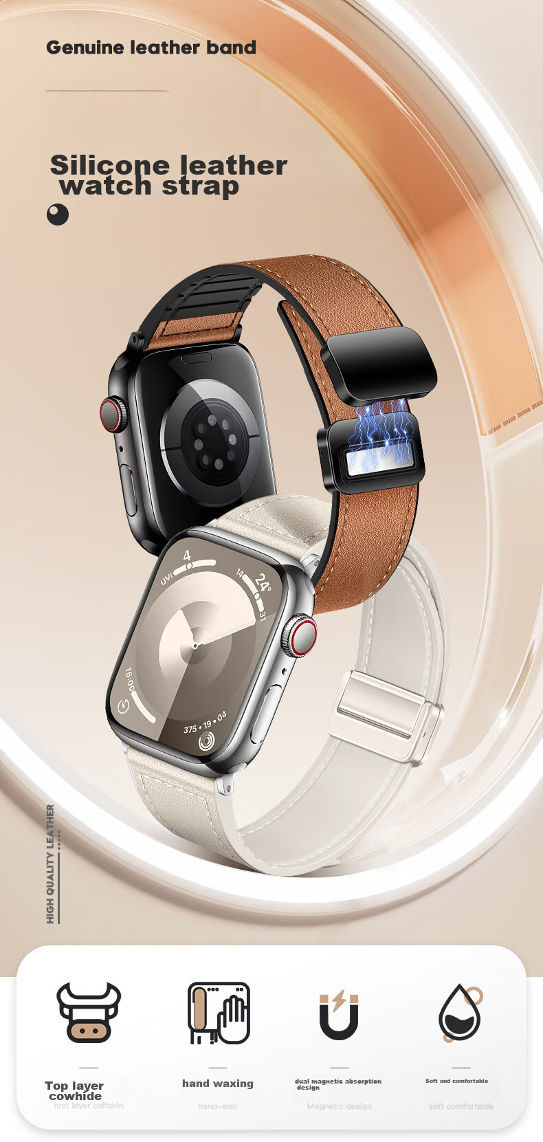 BHO Compatible Apple Watch Band for Apple Watch S12/S11 Genuine Leather Strap, IWatch S10/9/8/7/6/Ultra4/SE3/2/1 Magnetic Buckle Genuine Leather Strap 1