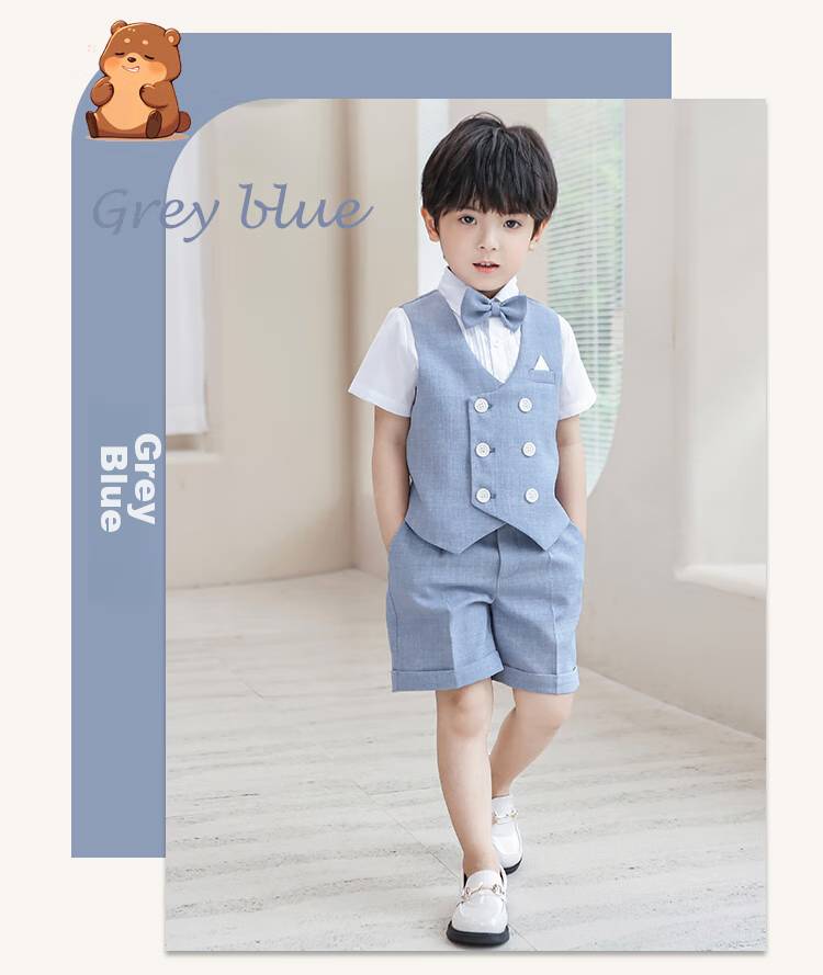 LUOBOBEIBEI Boys' Suit Summer Short-Sleeve Children's Vest Set for Children's Day Performance, Light Gray Four-Piece Set, Size 150 10