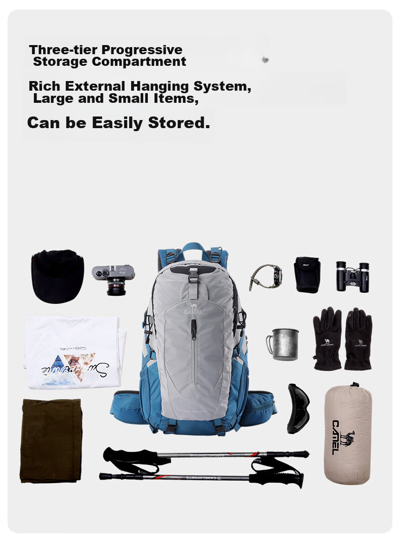CAMEL [Shanshi] Outdoor Lightweight Hiking Backpack, Large Capacity Professional Trekking Waterproof Travel Backpack, Silver Gray 11
