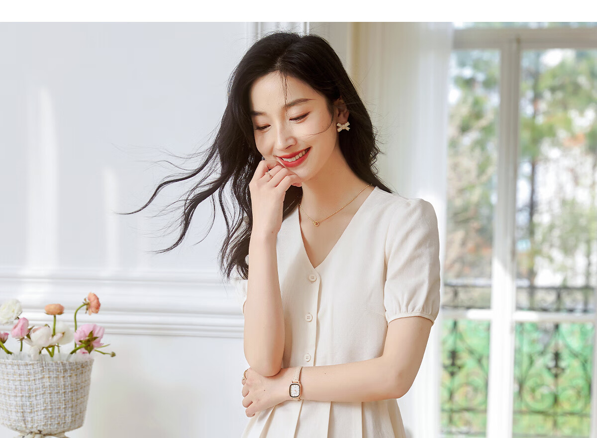 Chushen Summer Short-Sleeve Dress for Women, Fashionable Design V-Neck Waist-Cinching Slimming French-Style Dress S141Q1214 16