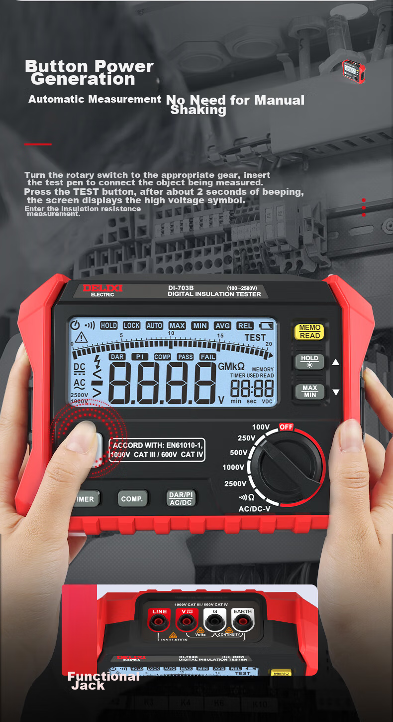 DELIXI ELECTRIC Digital Insulation Resistance Tester, Digital Megohmmeter, Electrical Insulation Meter, 703B 7