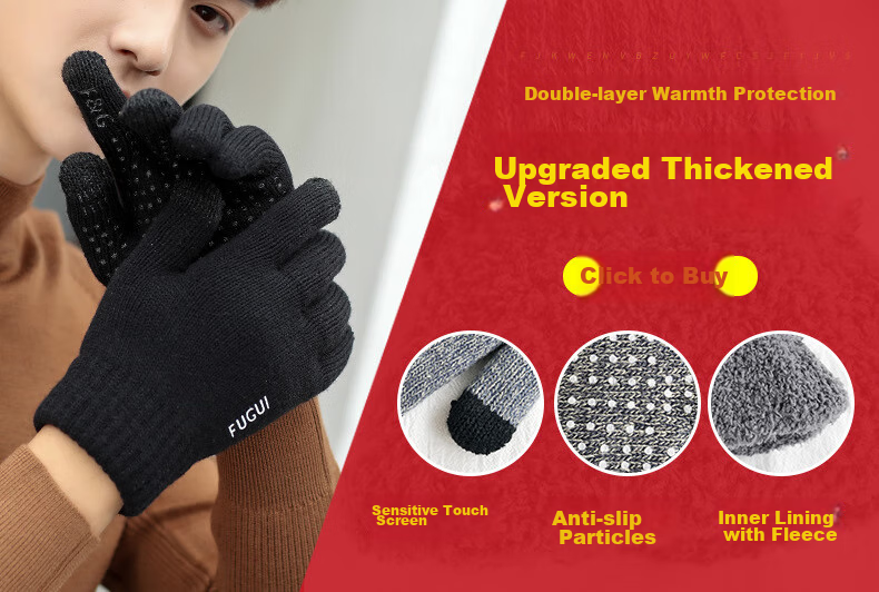 GRGN Men's Gloves, Winter Warm Fleece-Lined Thick Outdoor Cycling Driving Knitted Gloves, Non-Slip Cold-Resistant Men's Gloves 1
