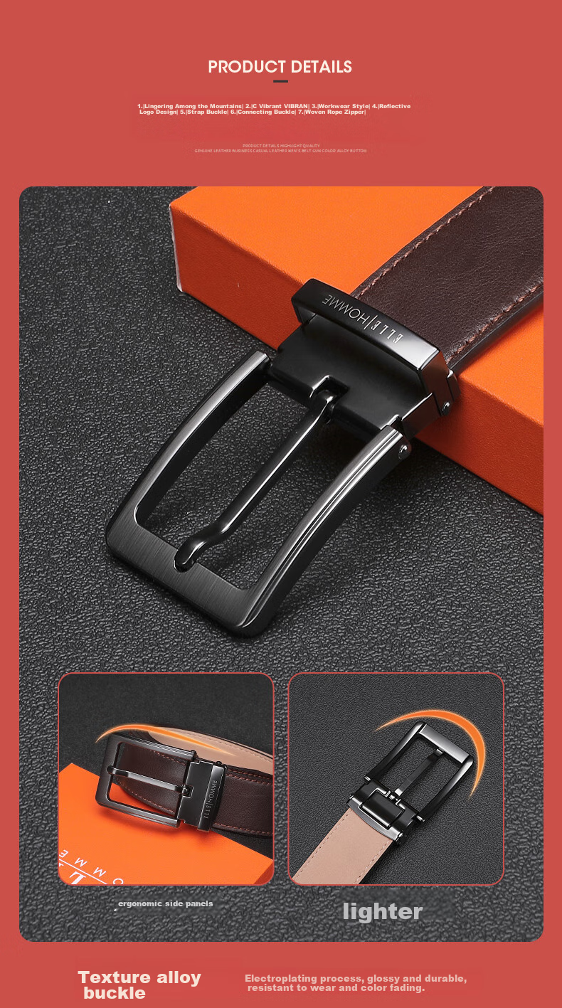 ELLE HOMME Men's Belt, Top-Grain Leather Pin Buckle Waistband, Fashionable Casual Trouser Belt for Men, Birthday Gift for Boyfriend 5