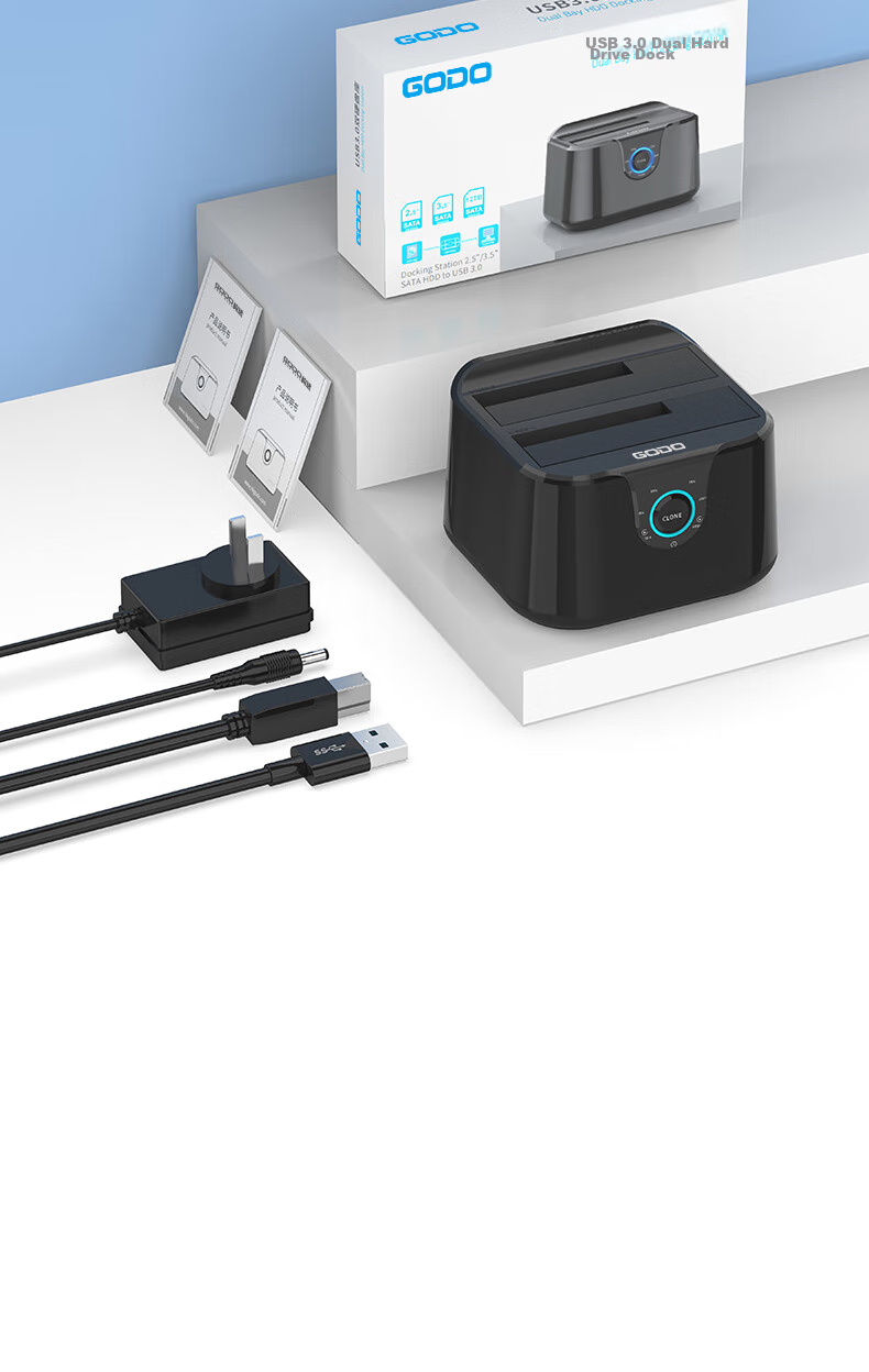 GODO Mechanical SSD Enclosure Base, 2.5/3.5 Inch, USB3.0 External SATA Dual-Bay, Compatible with Laptops And Desktops, External Portable Hard Drive Enclosure, Universal 18
