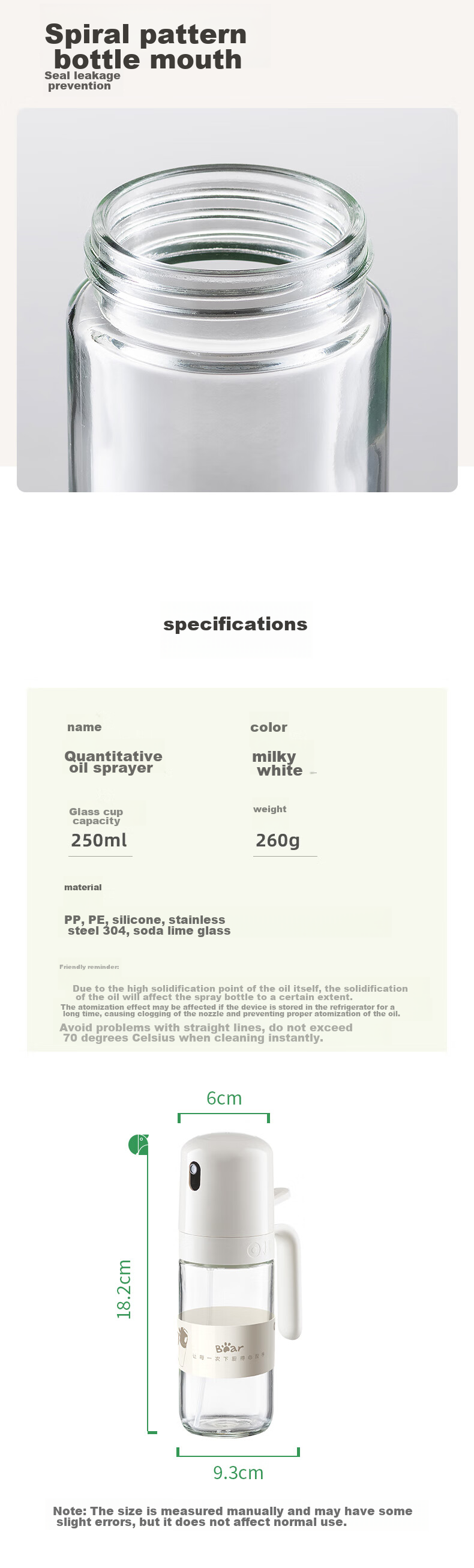 Bear Measuring Oil Sprayer Bottle, Glass Oil Sprayer Bottle for Cooking Oil, Condiment Spray Bottle, Oil Spray Bottle 250mL CX-W0081 8