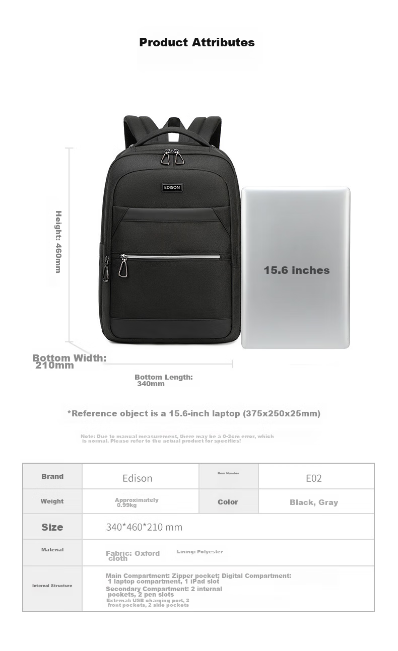 Edison Men's Backpack Business Travel Commute Laptop Bag Water-Resistant Backpack E02-2 Gray 14