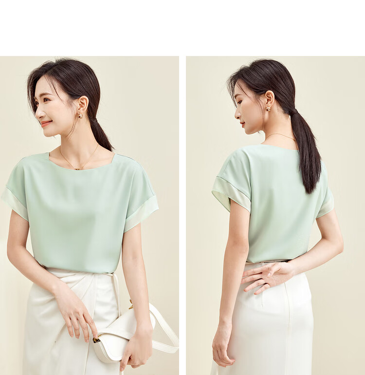 Sentubila Spliced Short-Sleeve Chiffon Blouse for Women, Slimming Tummy-Covering Top, Summer Lightweight Casual T-Shirt, Light Blue, S 41