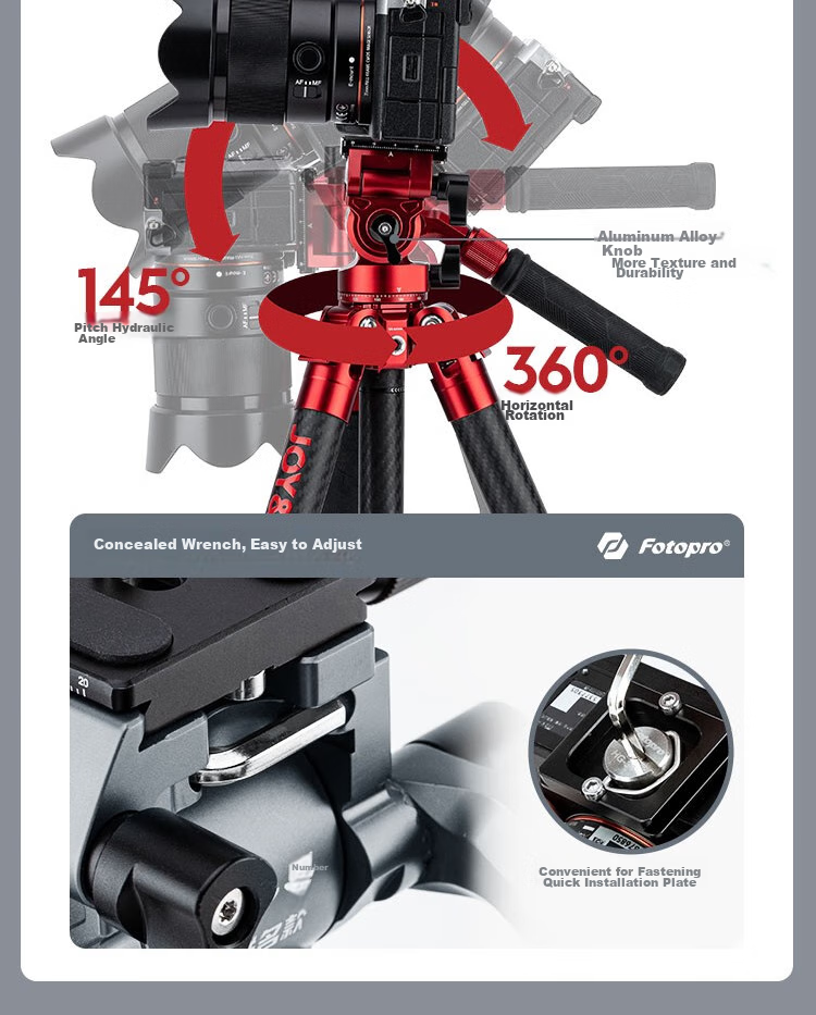 Fotopro X Joy Collaboration Edition, Flying One, Horizontal And Vertical Shooting Hydraulic Head, Carbon Fiber Camera Mirrorless Photography And Videography Tripod, Original Carbon Gray, Includes Phone Clamp 11