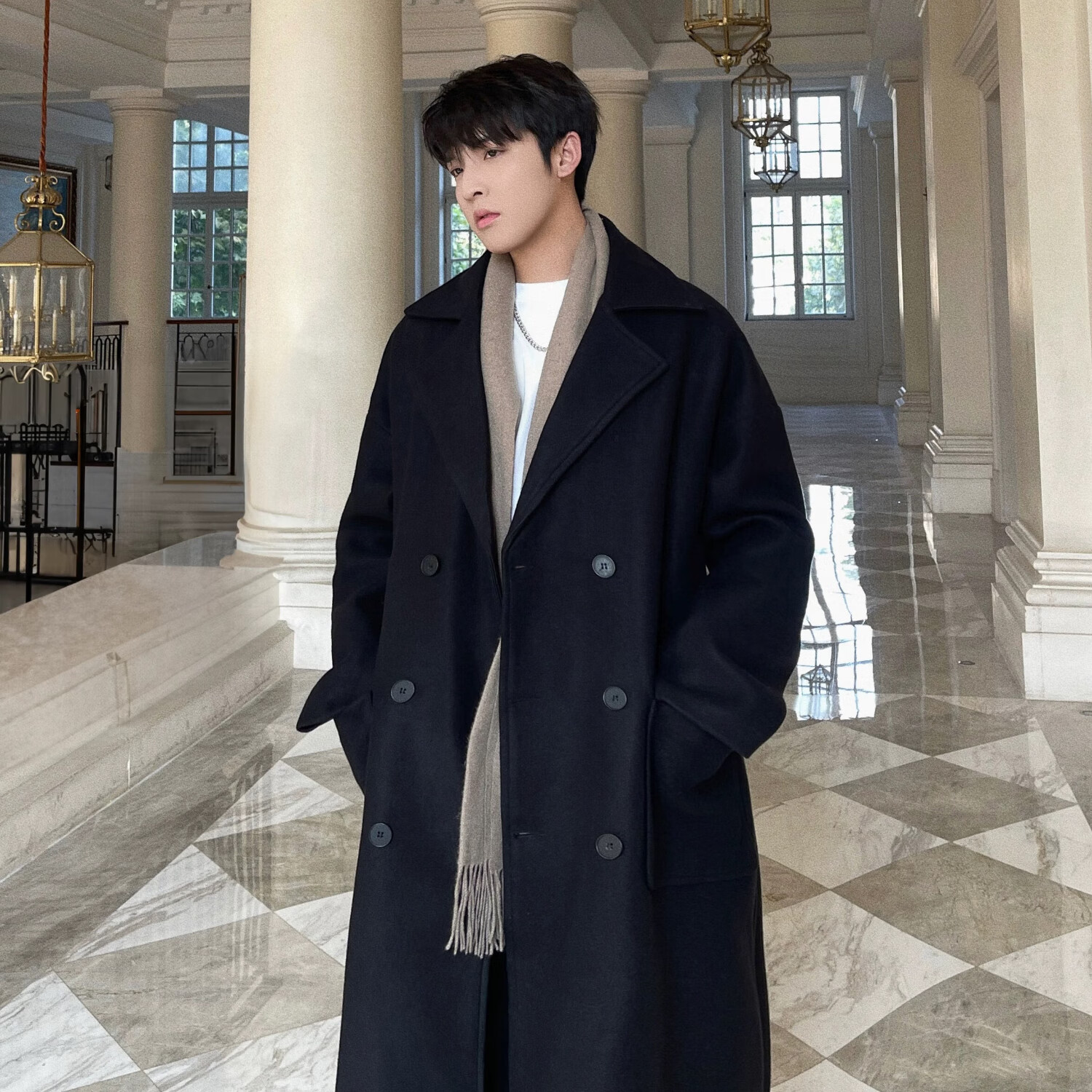Dingfengbaoluo Men's Woolen Coat Autumn Winter Mid-Length High-End British Style Woolen Trench Coat Fleece Lined Gray XL