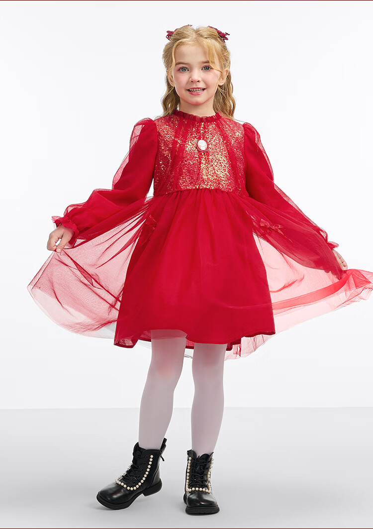 DISNEY Girls' Traditional Style Long Sleeve Dress New Year Princess Dress 25 Spring Autumn DB411RE02 Red Size 110 26