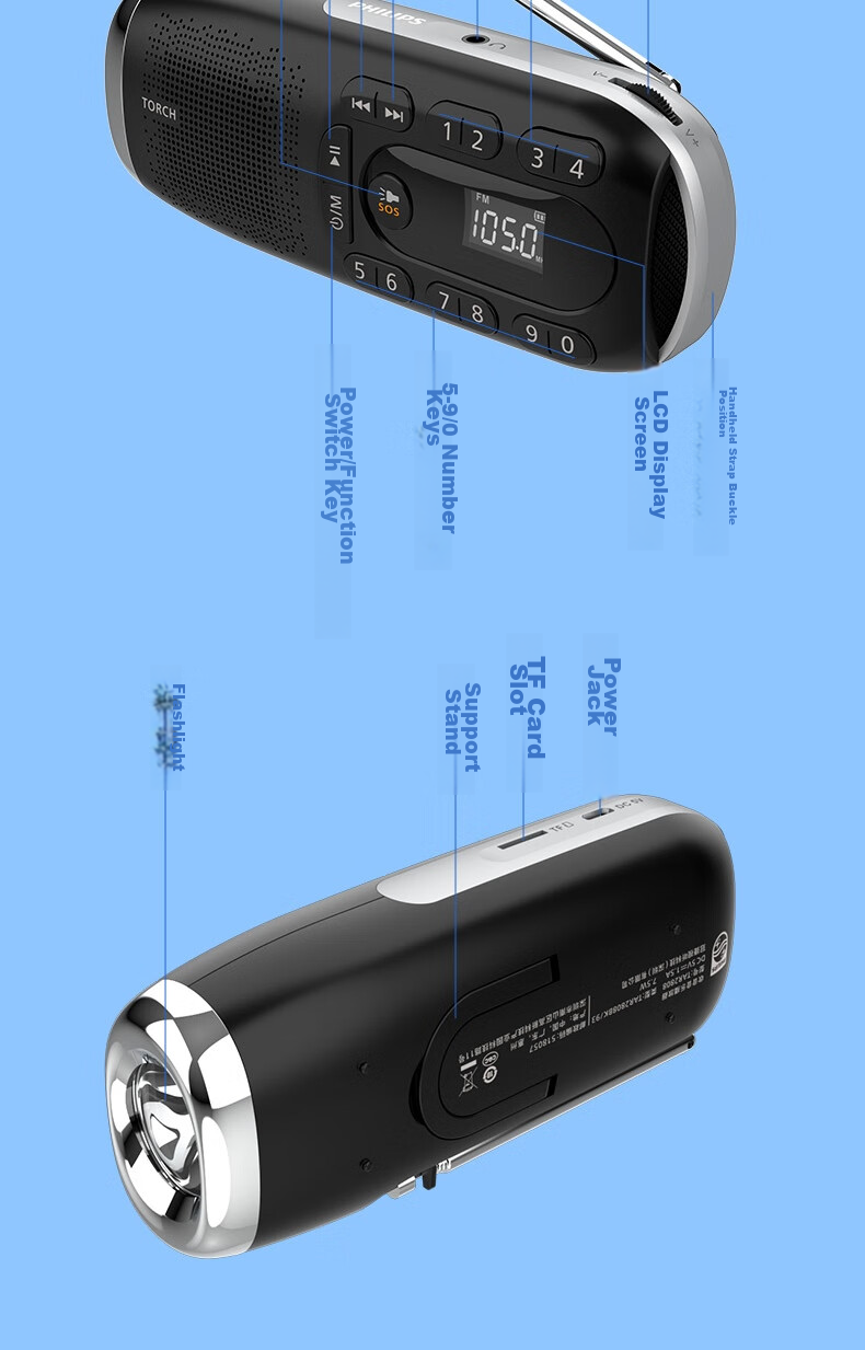 PHILIPS TAR2808 Radio for Elderly, Card-Insertable Speaker, Flashlight Lighting, Portable Rechargeable Outdoor Park Emergency Alarm Lithium Battery Multifunctional Speaker 15