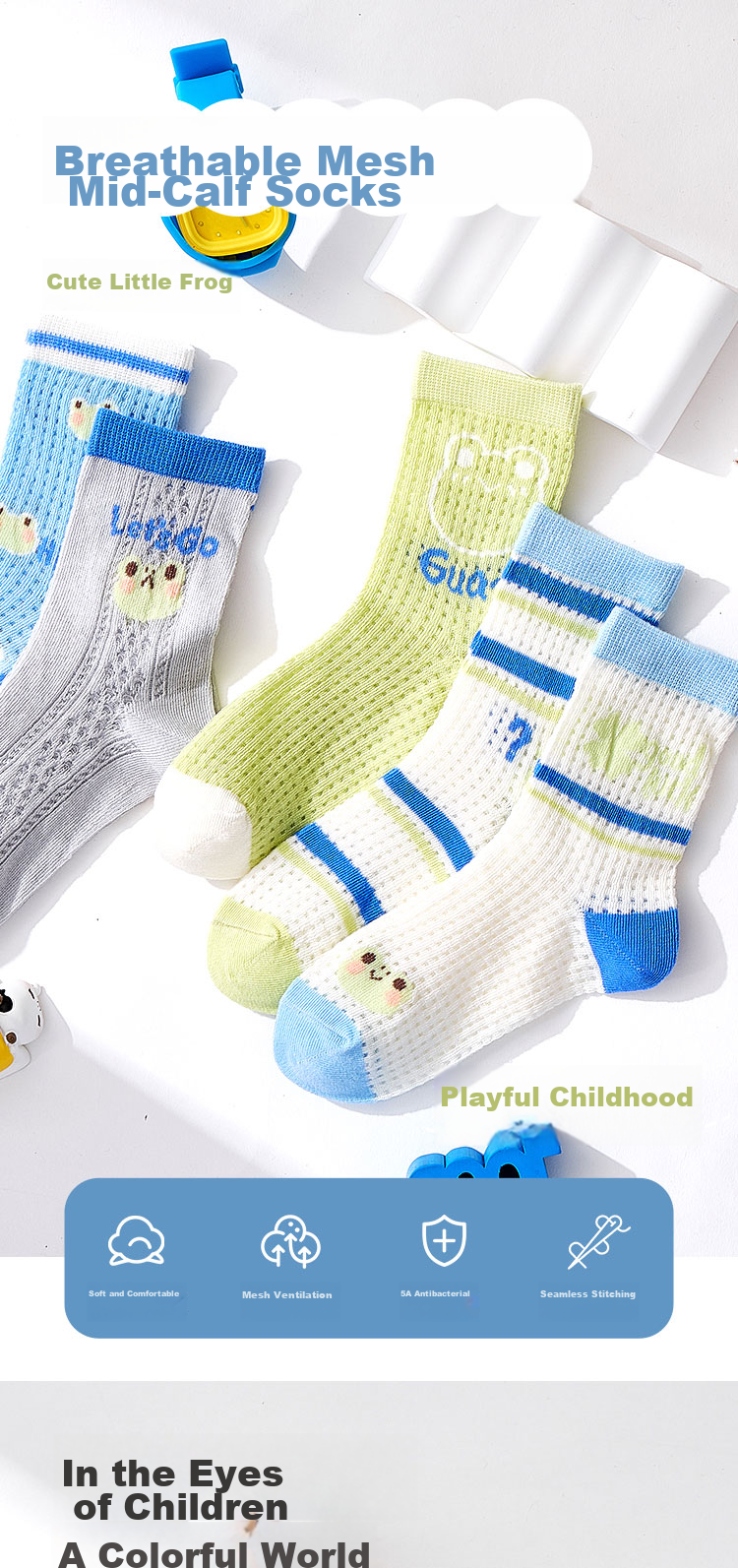 MiiOW Children's Socks for Boys, Summer Thin Breathable Mesh Socks, Boys' Thin Mid-Calf Cotton Casual Socks 1