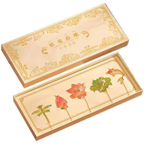 Ouliwen Bookmark, Chinese-Style Creative High-Quality Brass Leaf Vein Gold-Plated Bookmark, Metal Cultural And Creative Gift for Primary School Students, Teachers, Birthday, Graduation Season Gift Bookmark Clip, Playful Lotus Pond Design, 5-Piece Gift Box