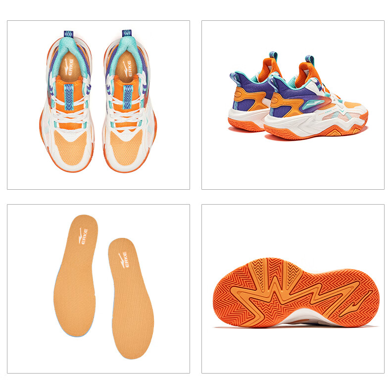 ERKE Children's Basketball Shoes for Spring, Boys' Lace-Up Shock-Absorbing Sneakers, Micro-Crystal White/beeswax Orange, Size 39 45