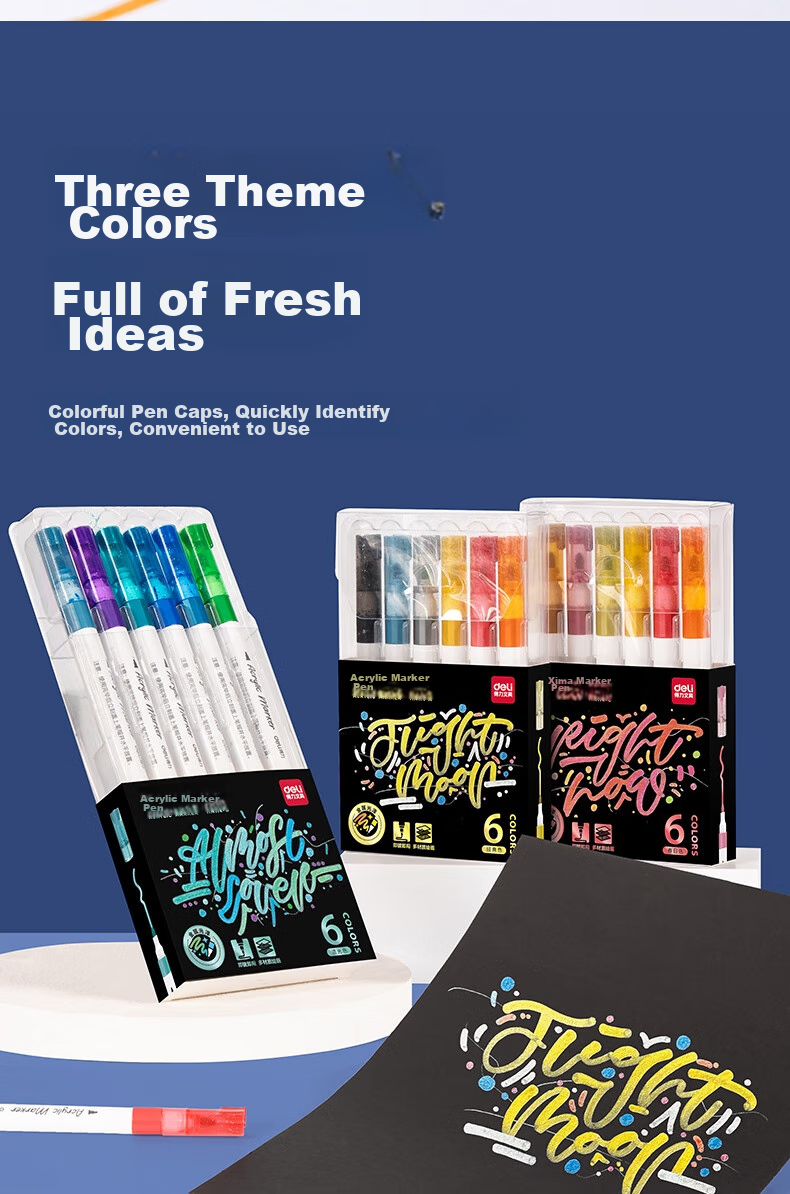 Deli 6-Color Single-Tip No-Press Acrylic Markers for Children's Hand-Drawing, Guka Graffiti, DIY Painting, Shoe Painting, Acrylic Paint, Spring Colors, Fluorescent Pens, Watercolor Pens, Art Education Graduation Gift 10