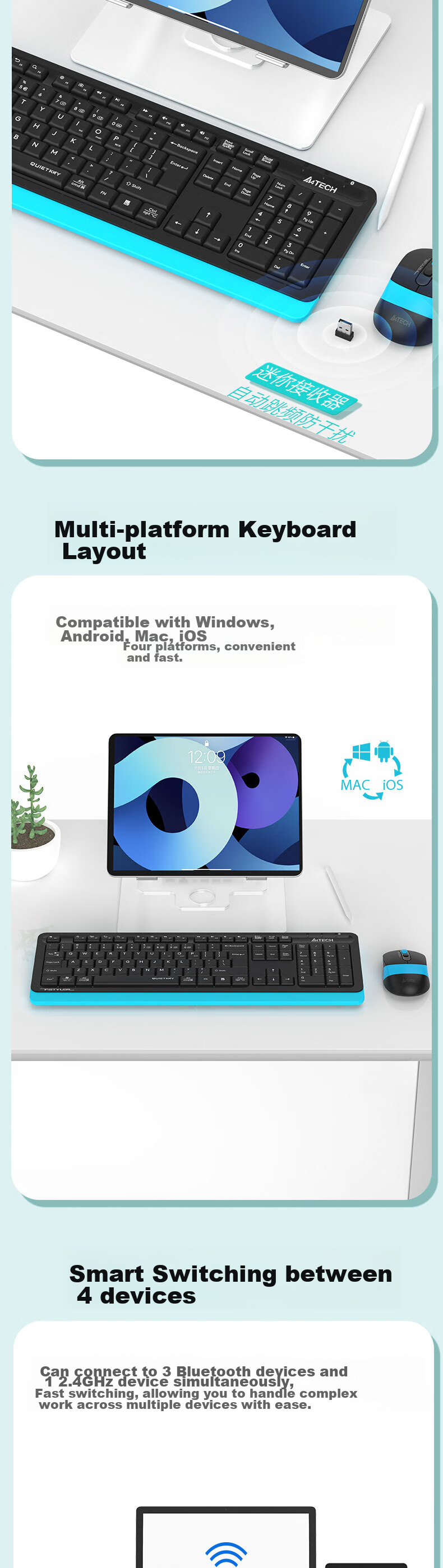 A4TECH FB1010Q, 104-Key Bluetooth Keyboard And Mouse Set, Wireless Keyboard And Mouse Set with Bluetooth Key/Mouse Combo, Quiet Keyboard And Mouse Set, Vibrant Orange, Bluetooth/wireless 4