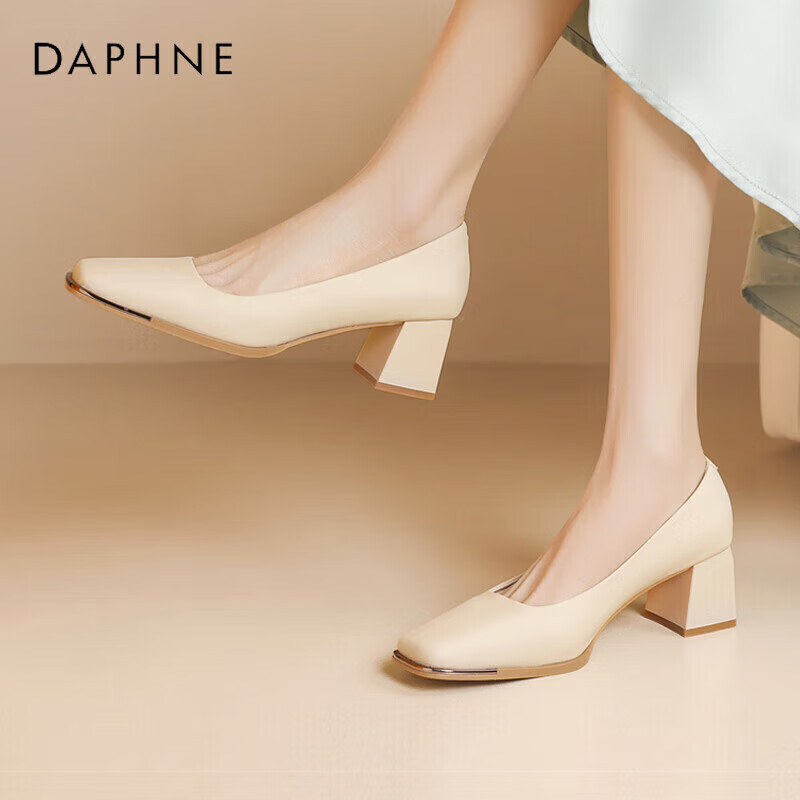 DAPHNE Women's New Square-Toe Chunky Heel Leather Shoes, Versatile High Heels, Style 4024101020, Beige, Size 37