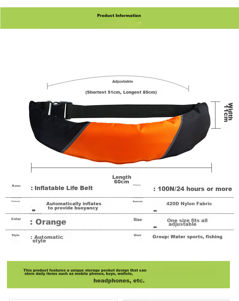 ASORAIN Portable Automatic Inflatable Life Belt, Adult Life Jacket with Orange Belt And Pocket for Water Rescue 5