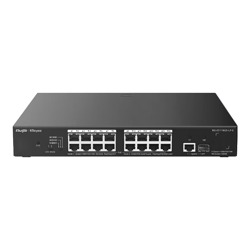 Ruijie 16-Port Gigabit POE Switch RG-ES118GS Unmanaged Access POE Power 180W Gigabit SFP Ports for Enterprise, Hotel, Surveillance, And Campus