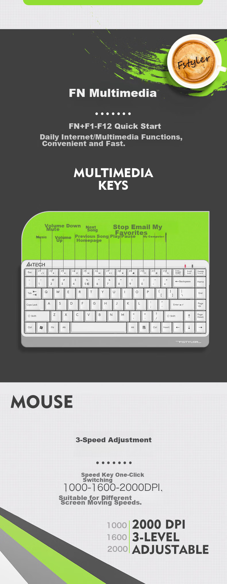 A4TECH FG1120 86-Key Wireless Keyboard And Mouse Combo Set Compact Wireless Keyboard And Mouse Set Small Size Portable Fly Era Fluorescent Green Wireless 5