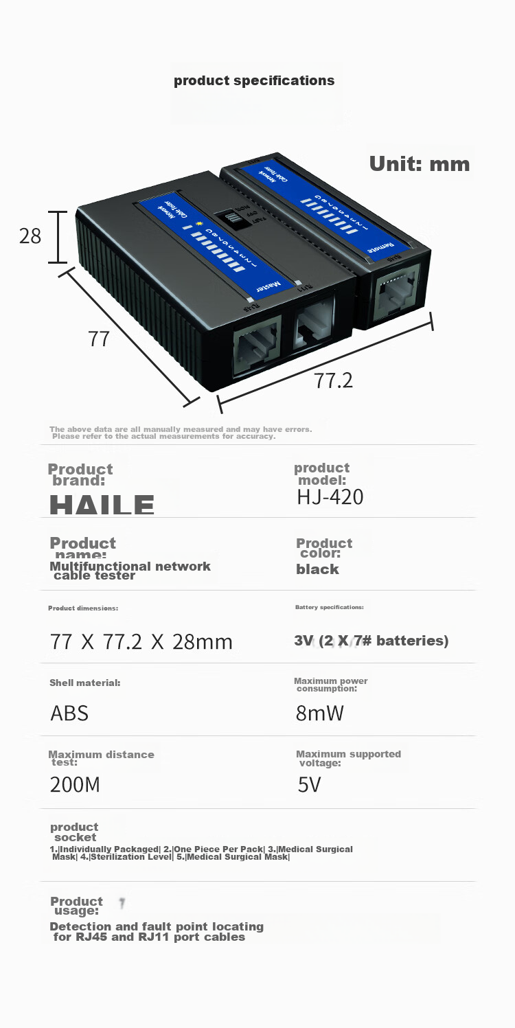 HAILE Network Cable Tester Multi-Function Network/telephone Line Tester Anti-Interference Low-Voltage Voltage-Resistant 63V Can Detect Live Wire Shielded/unshielded Signal Continuity Test HJ-520 8