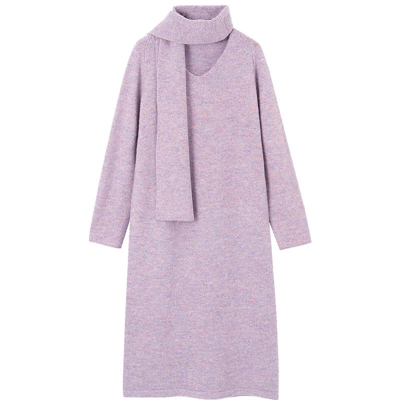 Demana Removable Scarf Winter Elegant Light V-Neck Wool Blend Straight Knit Mid-Length Dress for Women