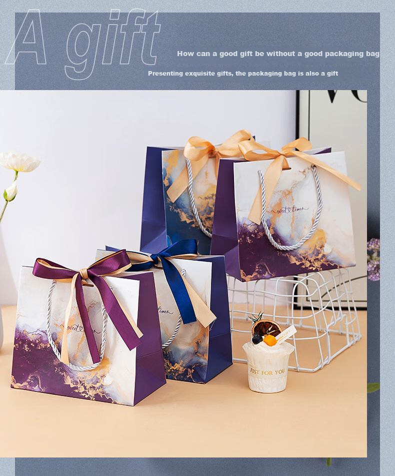 Ouliwen High-Quality Exquisite Gift Bags, Blue Floral Pattern, 25x20x10cm, Pack of 5, Ideal for Gifting, Ribbon, Favor Bags, Small Paper Bags 4
