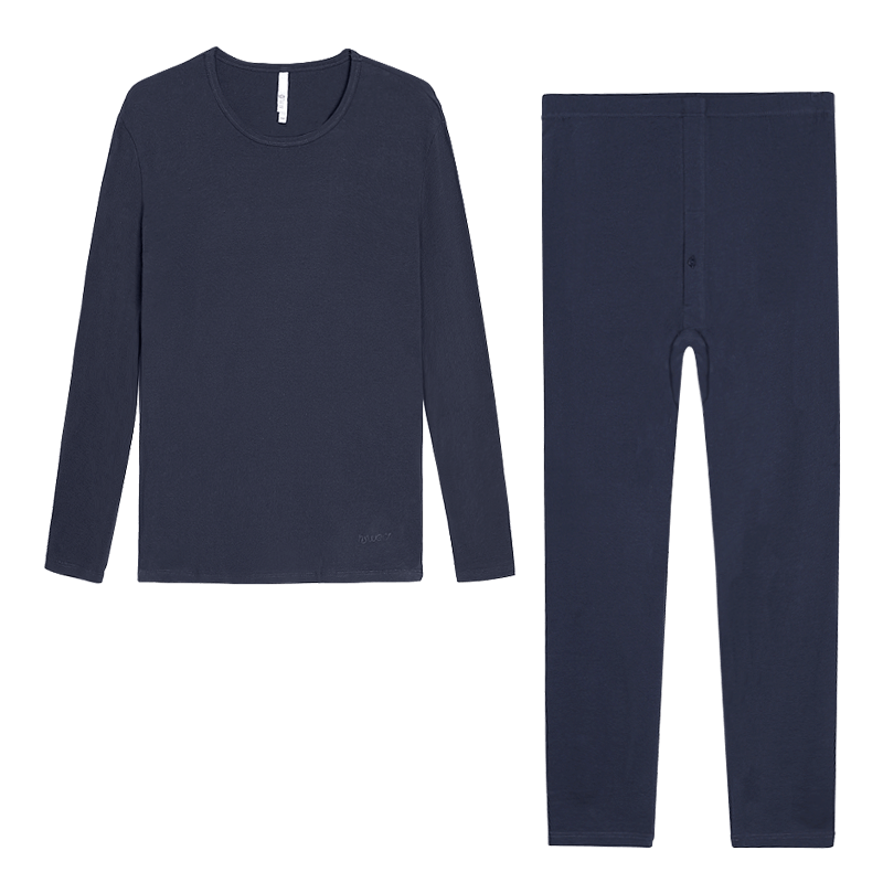 Hodo Men's Underwear, Autumn Thermal Underwear, Solid Color Cotton-Spandex Round Neck Thin Warm Underwear Set, 2 Pieces, Navy Blue, Size 185