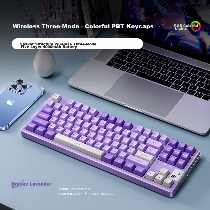YINDIAO Y87PRO, 87-Key Layout, Tri-Mode Wireless Bluetooth Custom Mechanical Keyboard, for Office And E-Sports Gaming, Full Hot-Swappable Gasket Structure, Dual Color Scheme, Lavender Purple