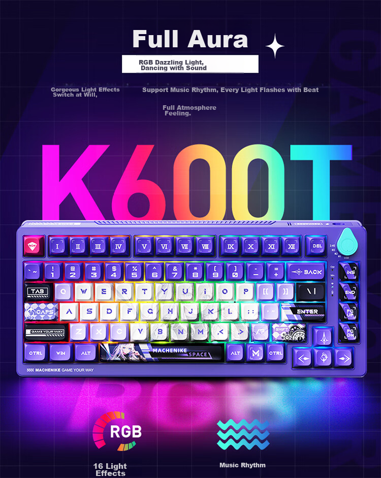 MACHENIKE K600T, 82-Key Wired/2.4G/Bluetooth Tri-Mode Mechanical Keyboard, IP Custom Edition - Baize Teng Purple Switch 17