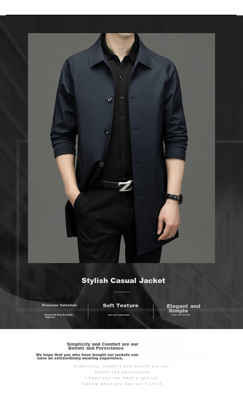 ROMON Men's Trench Coat, Spring And Autumn Business Casual Mid-Length Overcoat, Outerwear Jacket D-2021 Black XL 1