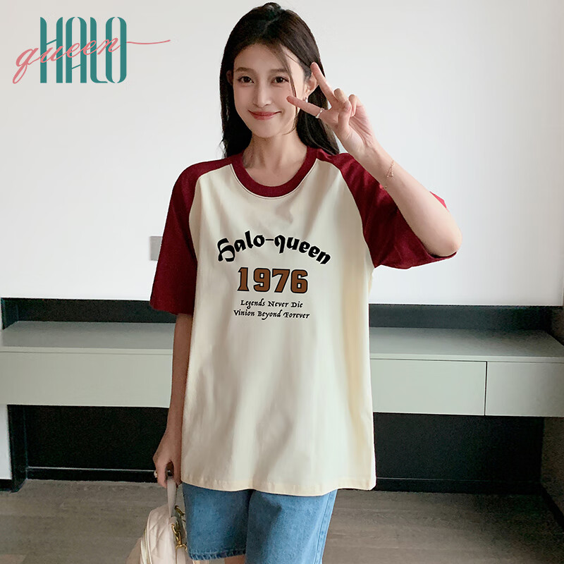 Halo Queen Women's Summer Thin T-Shirt, Raglan Sleeve, Contrasting Color Splicing Top, Casual Sports Tee for Women H143T1414