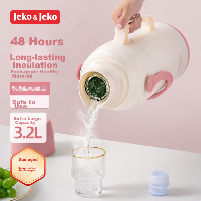 JEKO&JEKO Insulated Bottle, Large Capacity, for Student Dormitory, Hot Water Thermos, Warm Water Jug, Household Boiling Water Bottle, 3.2L Strawberry Yogurt Pink
