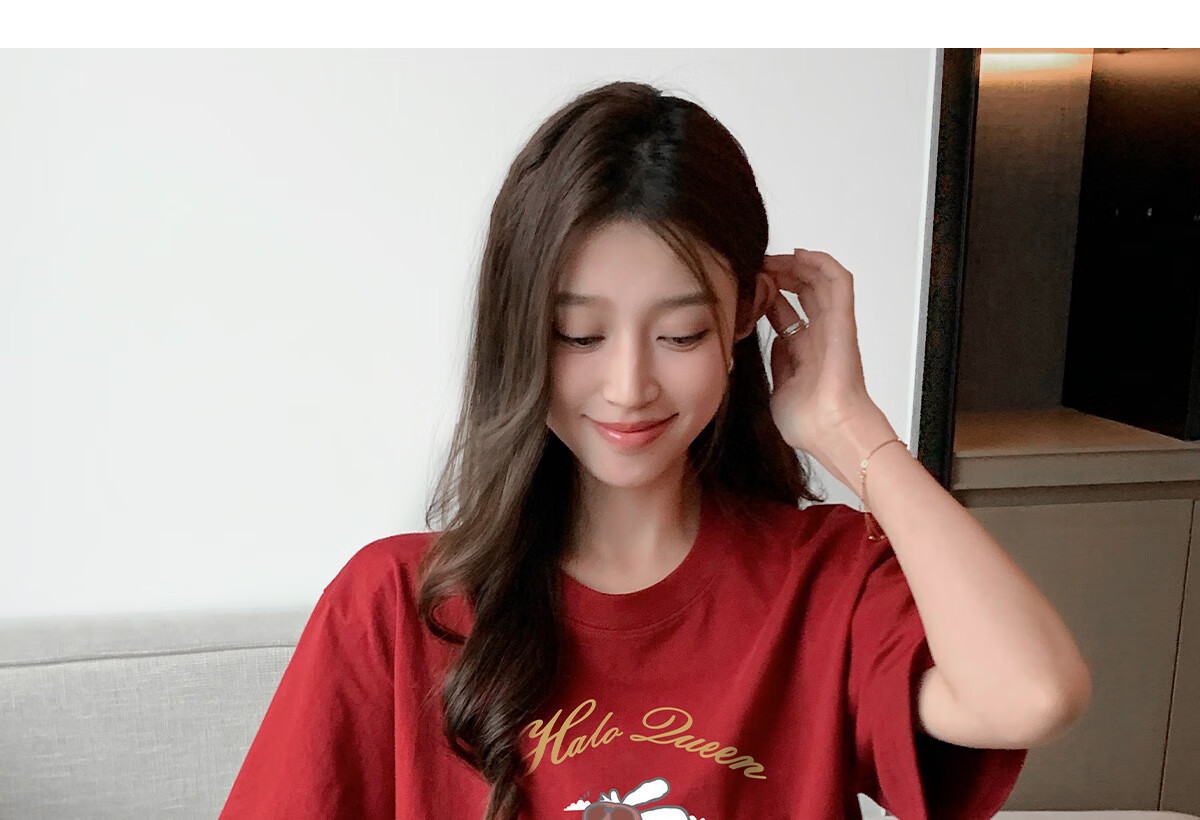 Halo Queen Women's Summer Short-Sleeve Round Neck T-Shirt, Cute Rabbit Print T-Shirt, Loose-Fitting Slimming Top, Women's H143T1417 38