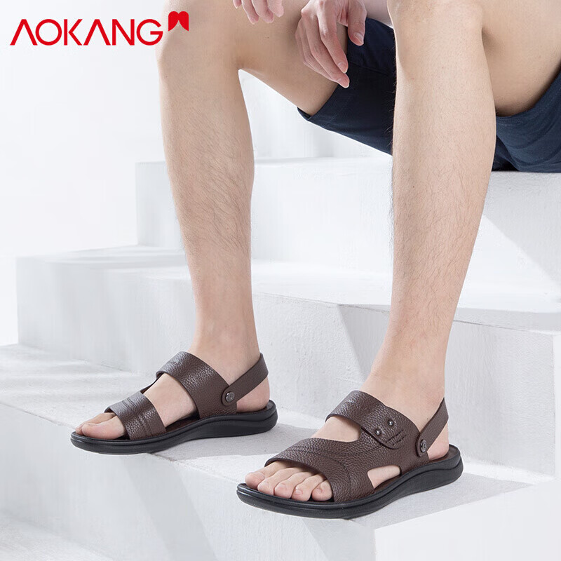 Aokang Sandals, Beach Shoes for Men, Comfortable Casual Open-Toe Breathable Two-Way Simple Slippers, Brown, Size 42