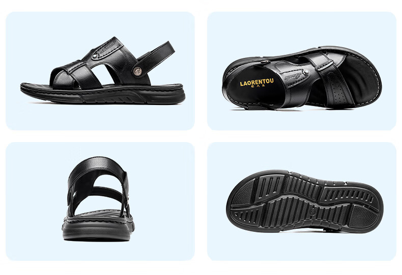LAORENTOU Men's Sandals, Summer Beach Shoes, Cowhide Sandals And Slippers, Dual-Use Leather Sandals for Men, LT65, Black, Size 40 10