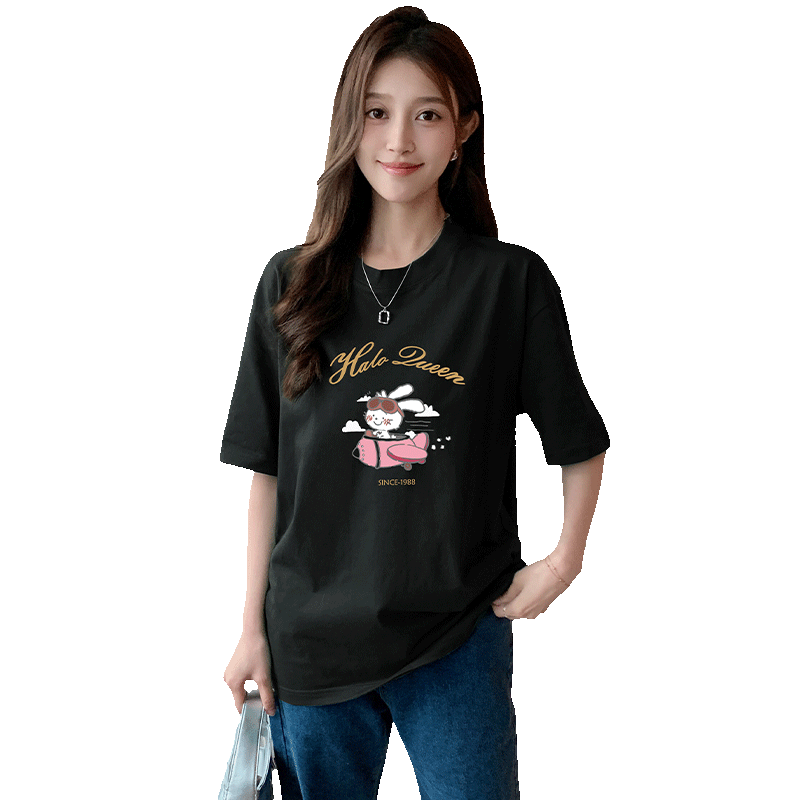 Halo Queen Women's Summer Short-Sleeve Round Neck T-Shirt, Cute Rabbit Print T-Shirt, Loose-Fitting Slimming Top, Women's H143T1417