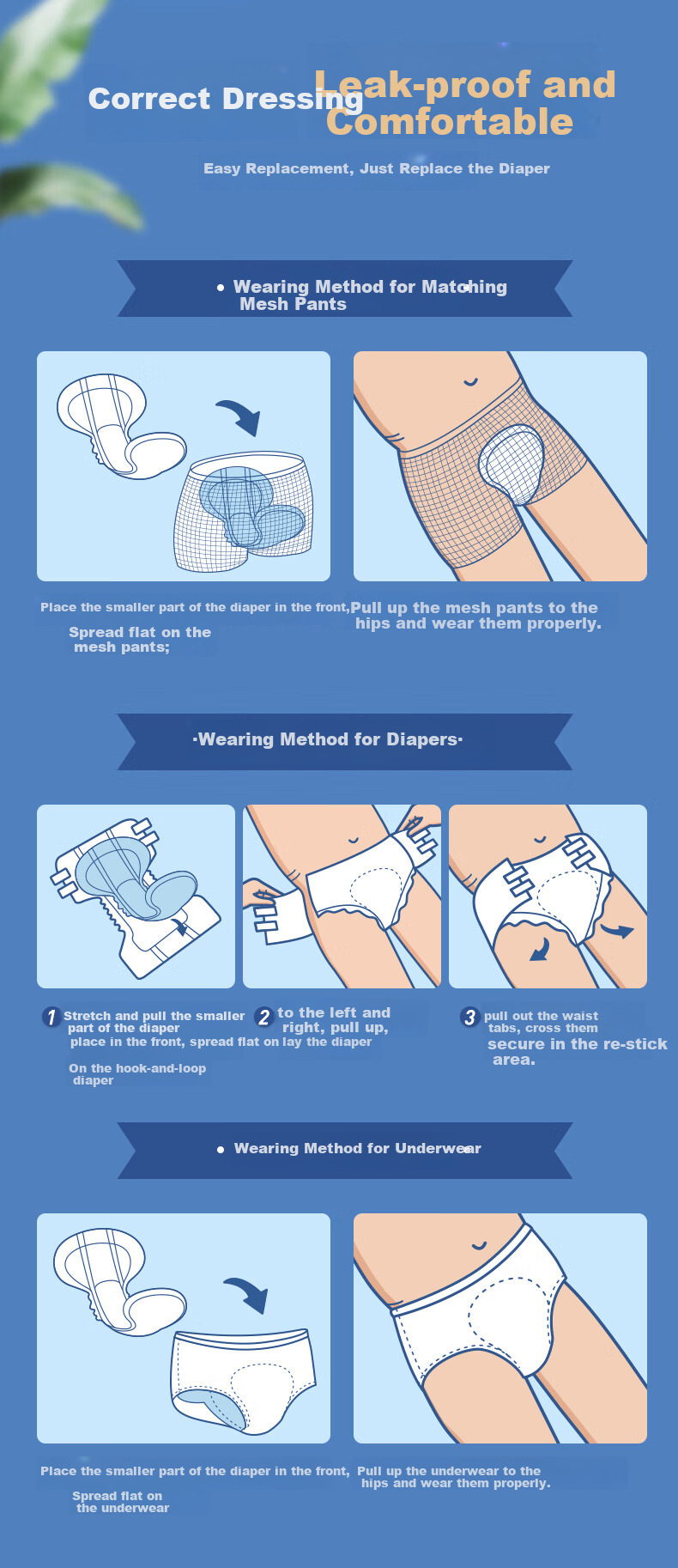 Elderjoy Fitted Leak-Proof Adult Diapers, M Size, 10 Pieces, 62*34cm, Incontinence Pads, Adult Diapers with Mesh Pants, Butterfly Pieces 6