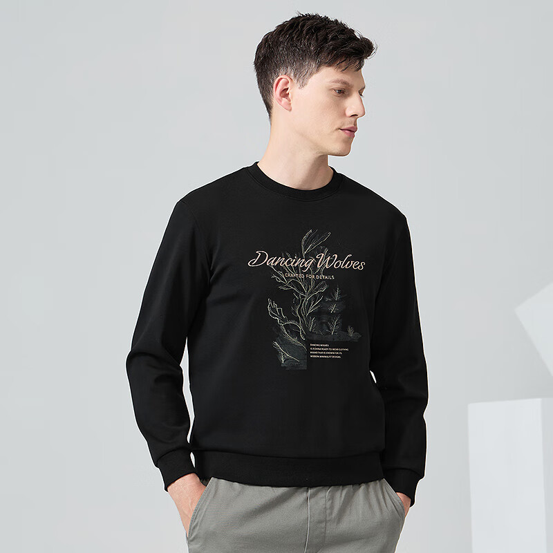 DANCING WOLVES [Fleece-Lined for Warmth] Autumn And Winter Thickened Top Men's Heavy Embroidery Crew Neck Sweatshirt Men's 001 Black 180