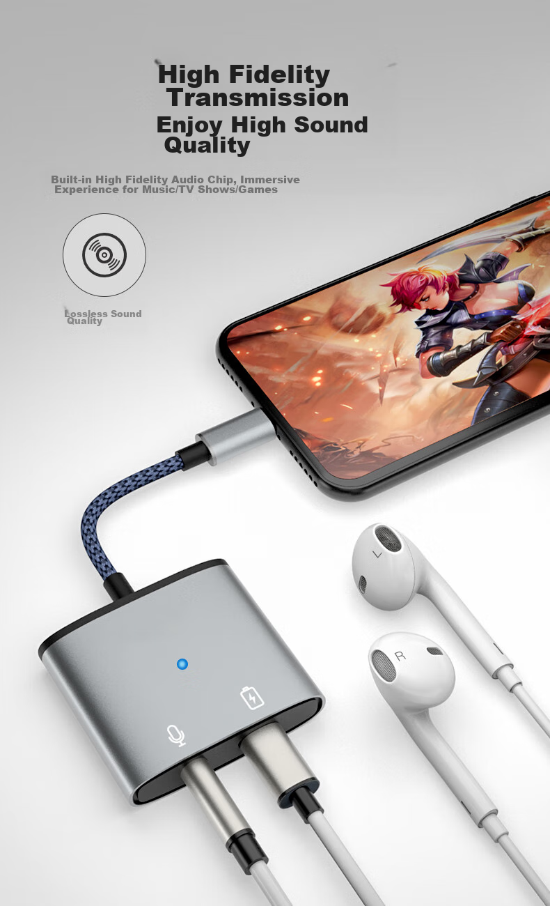 JOWOYE Apple Adapter Headphone Game Sound Card Live Streaming Audio Converter Fast Charging Lightning to 3.5mm Adapter for Mobile Phones And Tablets IPhone14/13/12/iPadAir 11