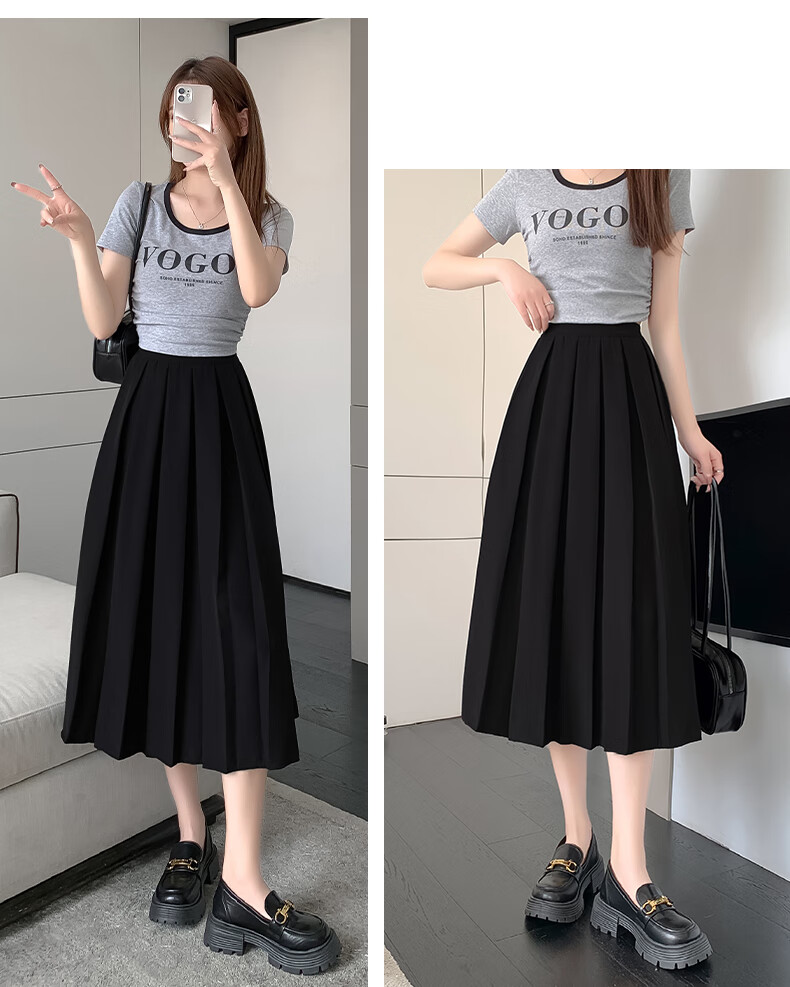 LangSha Pleated Skirt Women's Spring Vintage Mid-Length A-Line Skirt Elastic Waist Slim Fit Suit Umbrella Skirt 10