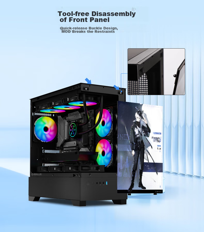 BUBALUS Phantom Black No-Pillar Panoramic Case (360mm Radiator Support / Full-View Tempered Glass / Supports 5-Slot M-ATX Motherboard / Long Graphics Card Compatible) 5