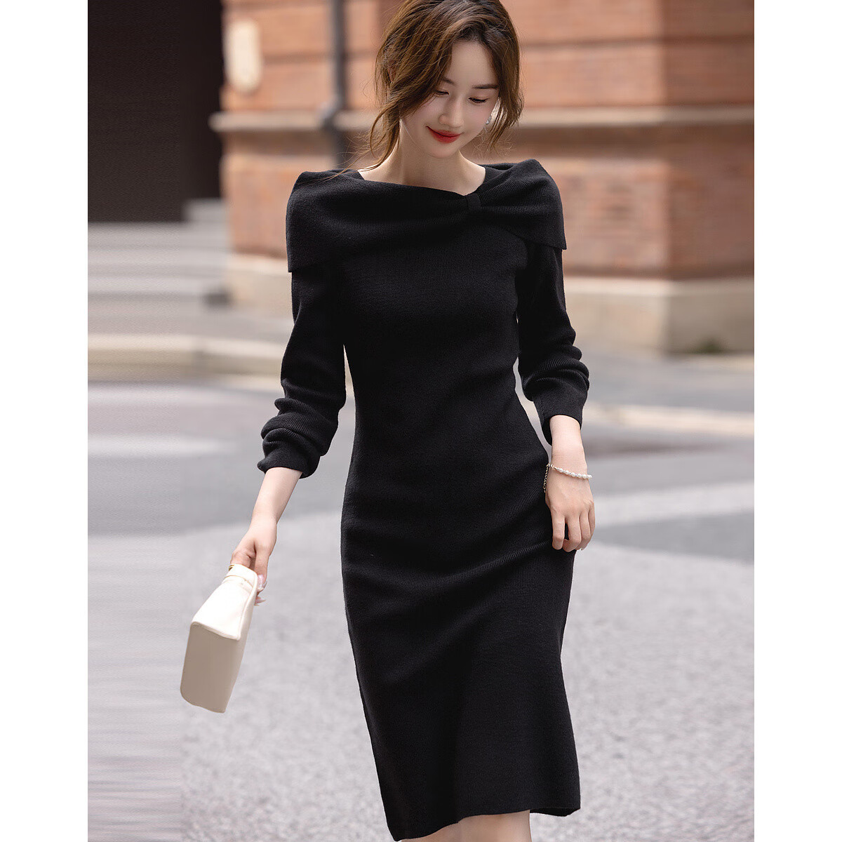 DME French Style Intellectual Lady Butterfly One-Shoulder Knitted Midi Dress for Autumn and Winter