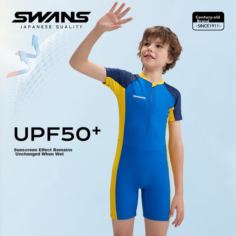 SWANS Children's Swimsuit, Boys' One-Piece Swimwear, Chlorine-Resistant, Quick-Drying, Sun Protection, Surfing Suit, Blue, Size 150