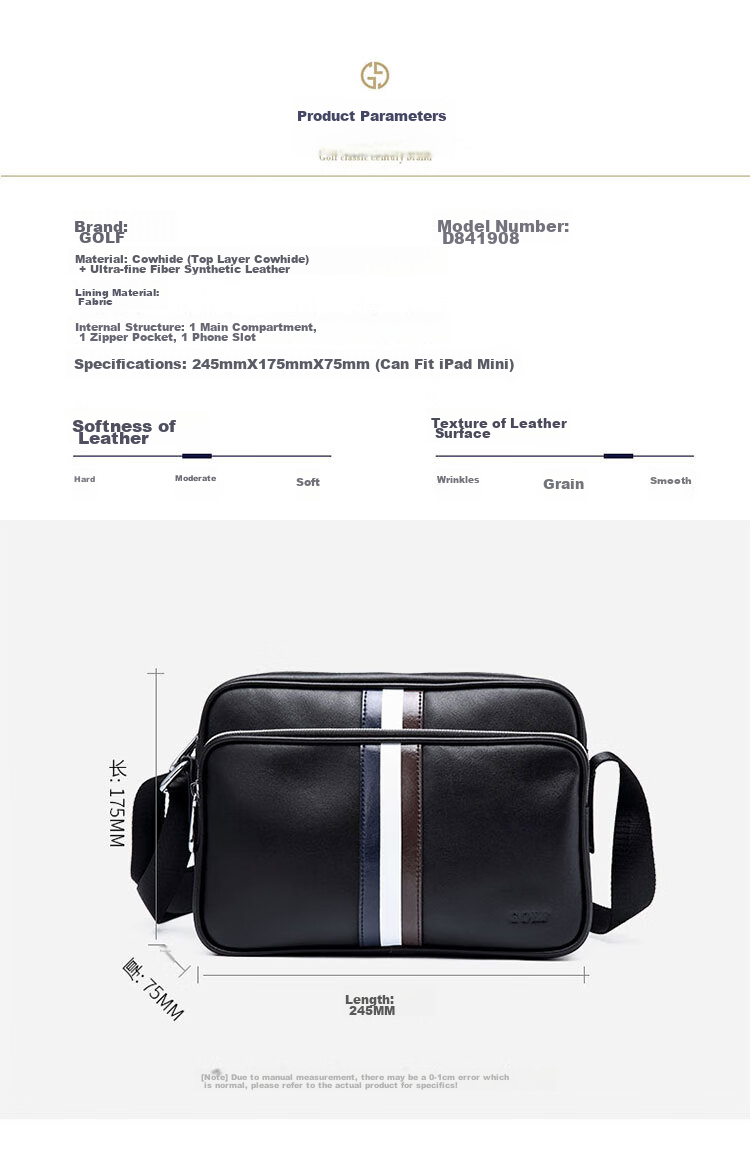 GOLF Shoulder Bag for Men, Top-Grain Leather with Microfiber Crossbody Bag, Business Commute Contrasting Color Messenger Bag, Black 5