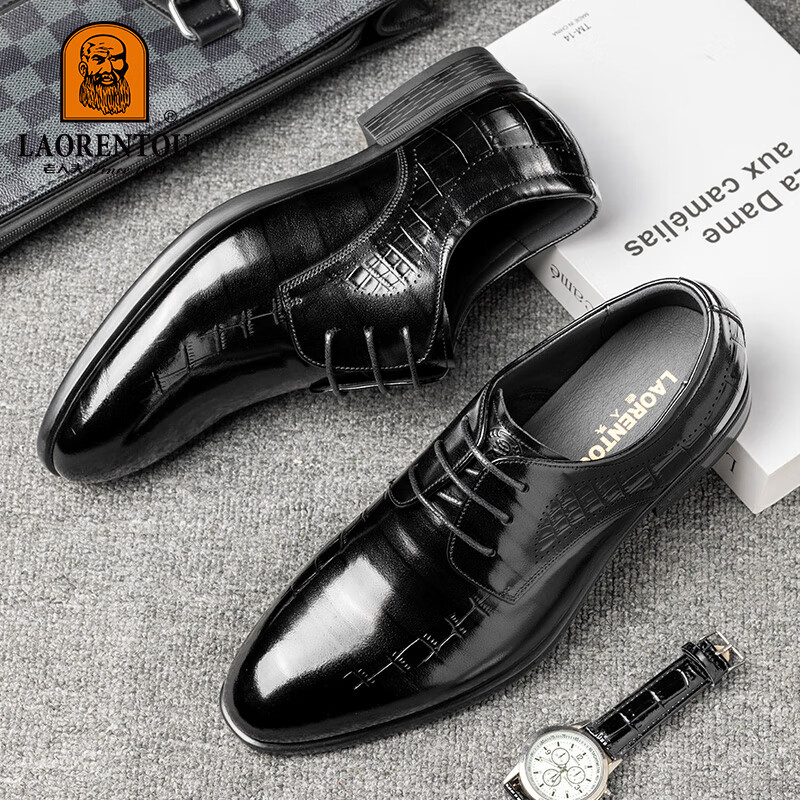 LAORENTOU Men's Leather Shoes, Formal Dress Shoes, Patent Leather Carved Cowhide Business Soft-Soled Wear-Resistant Wedding Groom Shoes LA89 Black 39