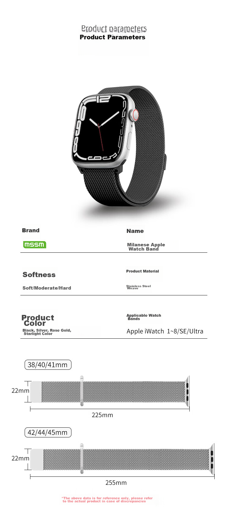 MSSM Compatible Apple Watch Band, Milanese Loop for IWatch Ultra 4/S12/11/10/9/Se3/2, Metal Magnetic Clasp, Black, 38-42 16