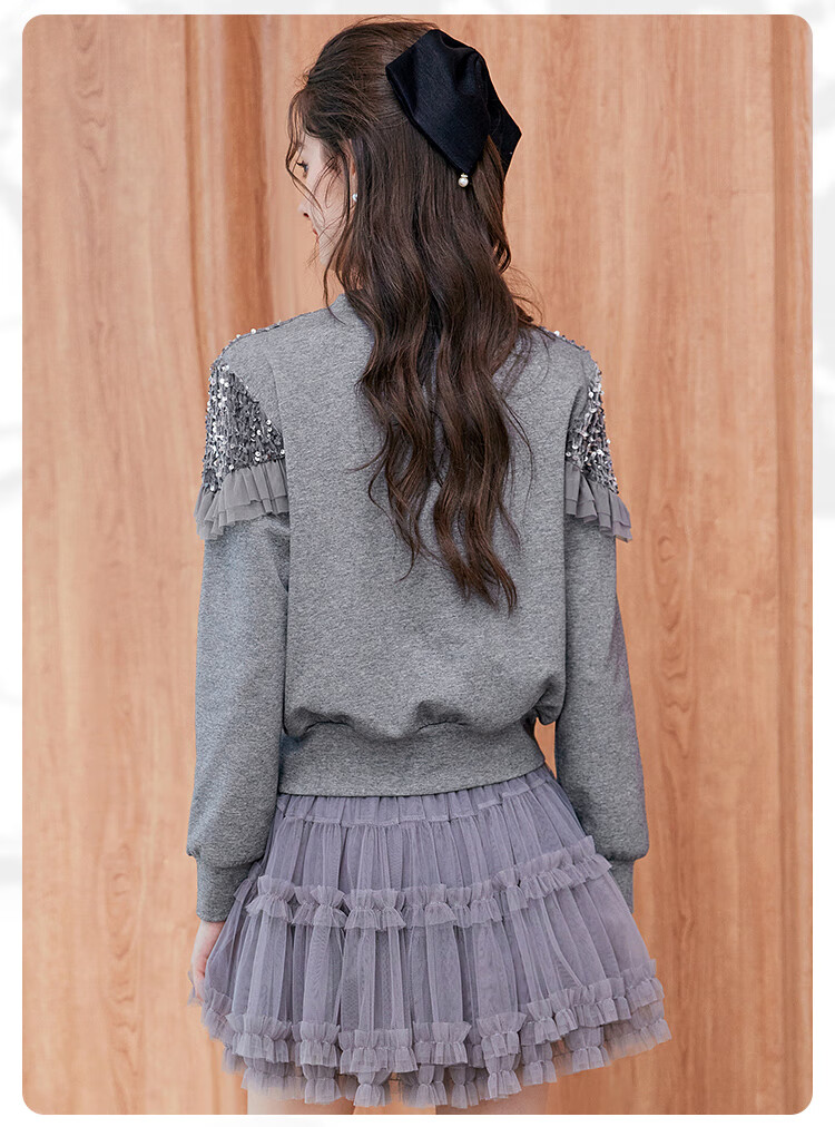 LOUISYAO Sequin Embellished Mesh Splice Sweatshirt 2025 Autumn Winter New Split Hem Fashion Top for Women Gray S 14