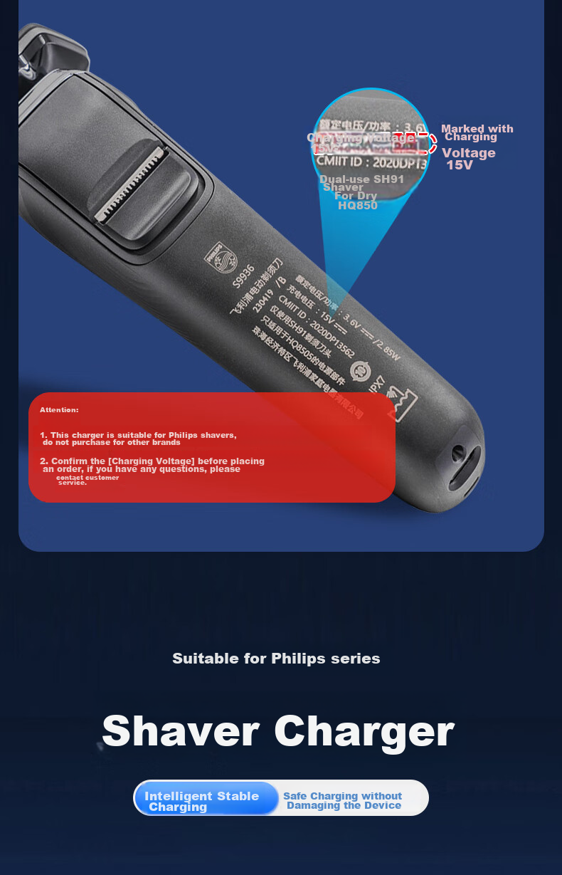 Chaofan Compatible with Philips Shaver Charger Cable HQ8505/PT720/AT890/S5000/S7000/S9000 Electric Razor 15v Power Adapter 2